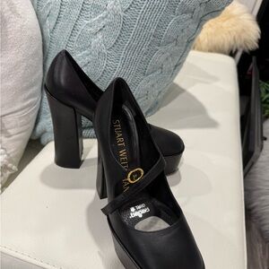 Stuart Weitzman Black Leather Mary Jane Platform Pumps with Gold Buckle